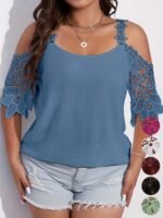 Plus Size Elegant Blouse, Women'S Plus Solid Contrast Floral Jacquard Cold Shoulder Semi Sheer Short Sleeve Top - Image 6