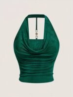 Elegant Mint Green Halter Neck Backless Top For Women - Textured Satin, Adjustable Strap, Knot-Front Detail, Perfect For Spring/Summer/Fall - Image 2