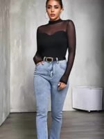 Mesh Panel Mock Neck T-Shirt, Casual Long Sleeve Top, Women'S Clothing - Image 6