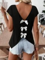 Women'S Casual Bowknot Short Sleeve T-Shirt - Black V-Neck With White Bow Detail, Perfect For Summer Outings And Casual Attire, Everyday Top | Bowknot Detailing | Stylish Accessory - Image 11