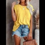 Regular Women'S Summer New Solid Color Pocket Round Neck Short Sleeve T-Shirt - Image 11