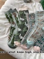 5 Pairs Floral Print Socks, Comfy & Breathable Mid Tube Socks, Women'S Stockings & Hosiery - Image 6