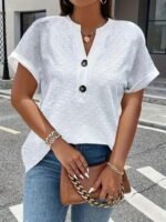 Women'S Light Green V-Neck Blouse With Button Details - Casual Short Sleeve Top For Spring/Summer, Soft Polyester Fabric, Elegant Solid Color Design, Versatile Blouse | Vneck Blouse | Elastane Comfort Fit - Image 11