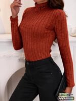 Solid Turtle Neck Rib Knit Top, Elegant Slim Long Sleeve Simple Sweater, Women'S Clothing - Image 10