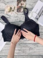 Plus Size Women'S Elegant Contrast Lace Underwire Bra - Anti-Sagging Comfort Fit, Medium Support Steel Boning & Non-Detachable Padded Cups, Solid Black For Everyday & Special Occasions, Special Occasion Lingerie | Pearl Charm Bra | Adjustable Straps - Image 11