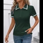 Women'S Elegant Black Shirt With White Collar & Cuff Detail - Short Sleeve, Zippered, Stretchy Polyester-Spandex Blend, Machine Washable, Perfect For Casual Or Professional Outfits - Image 11