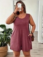 Women'S Plus Size Floral Print Sleeveless Knit Jumpsuit - Gray, Black & White Flower Design, Round Neck, Backless With Pockets, Perfect For Summer Vacations, Casual Outings Attire | Floral Print Jumpsuit | Knit Constructio - Image 11