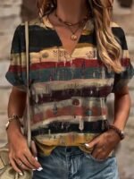 Women'S Bohemian Ethnic Print V-Neck Short Sleeve T-Shirt - Summer Casual Loose Fit Plus Size Top With Vibrant Geometric Patterns, Machine Washable, Cute T Shirts, Stylish Streetwear, Nontransparent Fabric - Image 11