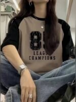 Everyday Women'S Y2K T-Shirt - Colour Blocked Sleeves, Round Neck, Short Sleeves, Polyester Blend Fabric, "215.9Cm Letters And Numbers Printed On The Same Pattern As Tuso, Four Seasons Jersey Fabric, Machine Washable. - Image 11