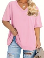 Women'S Plus Size Casual V-Neck T-Shirt, Polyester 95.0% Spandex 5.0%, Solid Color Knit Fabric, Retro Vacation Style Short Sleeve Tee For Spring/Summer, Ladies T Shirts - Image 5