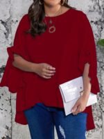 Plus Size Solid Ruffle Sleeve Blouse, Casual Crew Neck Irregular Hem Blouse For Spring, Women'S Plus Size?Clothing - Image 2