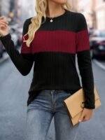 Women'S Elegant Color Block Crew Neck Top, 95% Polyester 5% Elastane Knit Fabric, Regular Length, Solid Pattern, Fall/Winter Fashion, 160G/M? Weight - Image 9
