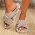 Fuzzy Crisscross Band Home Slippers, Cozy & Warm Open Toe Soft Plush Shoes, Solid Color Indoor Floor Slippers - Image 4