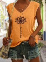 Lotus Print V Neck Tank Top, Cap Sleeve Casual Top For Summer & Spring, Women'S Clothing - Image 5