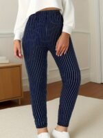 Women'S High Waist Striped Polyester Spandex Leggings, Casual Stretchy Cropped Skinny Pants, Knit Fabric, For All-Season Comfort, Weekend Casual Wear - Image 5