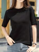 Women'S Elegant Solid Color Crew Neck T-Shirt, Short Sleeve Casual Summer Top, Lightweight Polyester Fabric, Regular Length, No Stretch, For Casual Attire - Image 5