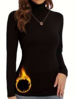 Women'S Thermal Long Sleeve Turtleneck Top - Soft Stretchy Fleece-Lined Black Base With Orange Flame Design, Cozy Winter Layering Essential For Casual & Formal Outfits, Cold Weather Attire, Unique Fashion Statement, Comfortable Fit
