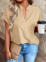 Women'S Casual V-Neck Blouse With Small Stand-Up Collar - Vibrant Yellow Solid Color, Regular Fit, Machine Washable, Versatile For Spring Summer Fall, Seasonal Fashion Top, Sophisticated Casualwear, Lightweight Fabric, Everyday Top, Classic Style, Breathable Material, Stylish Top, Office Casual