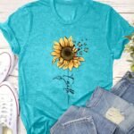 Sunflower Print Short Sleeve T-Shirt, Casual Crew Neck Top For Spring & Summer, Women'S Clothing