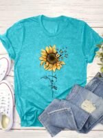 Sunflower Print Short Sleeve T-Shirt, Casual Crew Neck Top For Spring & Summer, Women'S Clothing