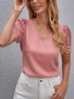 Elegant Casual Short-Sleeve Top For Women With Laser-Cut Scalloped Edges. - Image 2