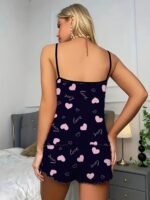 1 Set Women'S Sexy Polyester Pajama Set, Love Heart Print Spaghetti Strap Shorts, Knit Fabric Sleepwear For All Seasons, Adult Lounge Set - Image 4