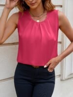 Women'S Elegant Solid Color Sleeveless Blouse - Round Neck Button Front, Machine Washable Non-Stretch Fabric, All-Season Versatile Top For Casual & Formal Wear, Buttoned Front Top, Sophisticated Design - Image 8