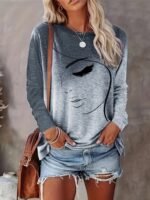 Abstract Print Round Neck T-Shirt, Spring Autumn Casual Long Sleeve Tee For Women
