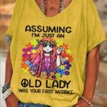 Women'S Casual Loose Fit V-Neck Short Sleeve T-Shirt - Vibrant Green Print With "Assuming I'M Just An Old Lady" Slogan & Floral Fashion Glasses Design, Medium Stretch Machine Washable Top For Spring Summer Fall, Ladies T Shirts, Relaxed Weekend Outfit, Playful Statement Shirt, Comfortable Stretch Fabric, Fun Statement Wear
