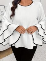 Plus Size Contrast Trim Crew Neck Blouse, Elegant Layered Ruffle Sleeve Top For Spring & Fall, Women'S Plus Size Clothing - Image 8