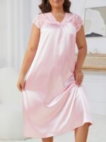 Women'S Plus Size Elegant Red Satin Nightgown With Lace Trim And Bow Detail - V-Neck, Short Sleeve, Flowing Design, Machine Washable - Perfect For Weddings Or Special Occasions, Satin Dress - Image 10