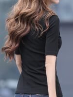 8077 Casual High Neck Solid Color T-Shirt For Women - Polyester Knit Fabric, Regular Fit, Spring/Fall Season - Image 10