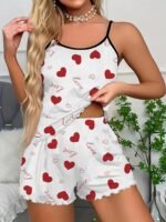 1 Set Women'S Sexy Polyester Pajama Set, Love Heart Print Spaghetti Strap Shorts, Knit Fabric Sleepwear For All Seasons, Adult Lounge Set - Image 5