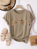 Women'S Casual Crew Neck T-Shirt With Heart & Letter Print - "Beautiful" Design, Short Sleeve, Loose Fit, Black, Perfect For Spring/Summer/Fall, Ladies T Shirts - Image 3