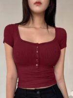 Solid Color Scoop Neck T-Shirt, Elegant Short Sleeve Slim Fit Top For Spring & Summer, Women'S Clothing