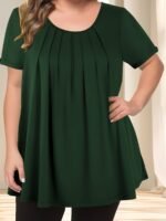 Women'S Casual Crew Neck Short Sleeve Blouse, Solid Color Plus Size, Lightweight Polyester With Subtle Stretch, Flared Hem, Spring/Summer Fashion Top, Casual Wear Blouse | Elegant Plus Size | Simple Eleganc - Image 9