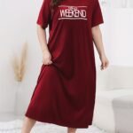 Women'S Plus Casual Lounge Dress, Plus Size Slogan Print Short Sleeve Round Neck Sleep Dress