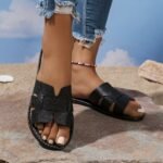 Women'S Summer Fashion Slip-On Flat Monogram Sandals, Solid Color Minimalist Open Toe Slides, All-Season Comfort, Man-Made Upper/Inner/Rubber Sole, Casual Outdoor Footwear - Image 19