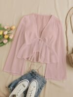 Elegant V-Neck Tie-Waist Blouse With Ruffled Sleeves And Lace Detail - Light Blue, Perfect For Spring/Summer, Adult Women'S Clothing, Casual Attire|Ruffled Sleeve Top|Lace Detail Top, Ladies Blouses - Image 3