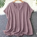 European And American Hollowed-Out V-Neck Short-Sleeved Bat-Sleeve Slim-Fitting T-Shirt