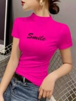Chic Embroidered "Smile" Mock Neck T-Shirt For Women - Vibrant Orange, Short Sleeve, Slim Fit, Casual Spring/Summer Top, Machine Washable, Polyester & Spandex Blend - Image 7
