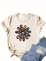 Women'S Casual Short Sleeve T-Shirt - Vibrant Orange Geometric Floral Print, Relaxed Fit Round Neck, Machine Washable Summer Top, Soft Texture Shirt - Image 10