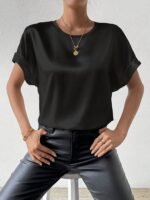 Women'S Elegant Satin Top, 100% Polyester Crew Neck Short Sleeve Solid Color Blouse, Regular Fit Casual Loose Tops For Spring/Summer, Woven Lightweight Fabric 120G/M? - All Seasons - Image 7