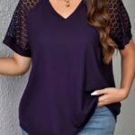 Women'S Plus Size Elegant V-Neck T-Shirt With Contrast Lace Detail, Short Sleeve Casual Top For Spring/Summer, Polyester Knit Fabric, 180Gsm - Purple With Black Text "Handmade"