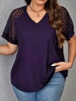 Women'S Plus Size Elegant V-Neck T-Shirt With Contrast Lace Detail, Short Sleeve Casual Top For Spring/Summer, Polyester Knit Fabric, 180Gsm - Purple With Black Text "Handmade"