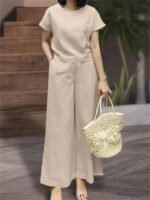 Women'S Elegant Solid Color Short Sleeve Top & Wide Leg Pants Set - Perfect Matching Outfit With Pockets, Crew Neck, Regular Fit For Spring/Summer, Casual Outfit|Elegant Casualwear| Texture - Image 2