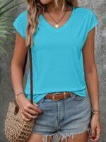Women'S Casual V-Neck Top - Short Sleeve, Solid Black, Stretchy & Breathable Polyester Blend, Perfect For Spring/Summer/Fall, Versatile Clothing | Vneck Design | Construction - Image 7