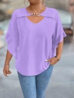 Women'S Plus Size V-Neck Blouse - Soft Pink, Ruffled Sleeves, Casual Summer Top With Golden Chain Detail, Casual Wear|Ruffled Sleeve Top|Vneckline Top - Image 3