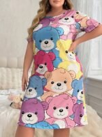 Women'S Cute Cartoon Bear Print Sleep Dress - Soft Short Sleeve Round Neck Nightgown, Machine Washable All-Season Lounge Dress For Adults, Ladies Sleepwear, Cozy Nightgown, Whimsical Nightwear, Comfortable Material, Casual Nightwear, Adult Nightgown - Image 4