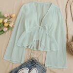 Elegant V-Neck Tie-Waist Blouse With Ruffled Sleeves And Lace Detail - Light Blue, Perfect For Spring/Summer, Adult Women'S Clothing, Casual Attire|Ruffled Sleeve Top|Lace Detail Top, Ladies Blouses